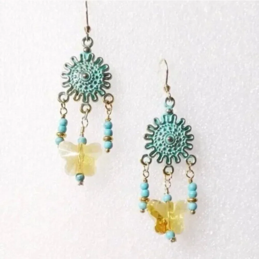 Boho Butterfly Chandelier Earrings • Yellow Aqua Turquoise • Spring Festival